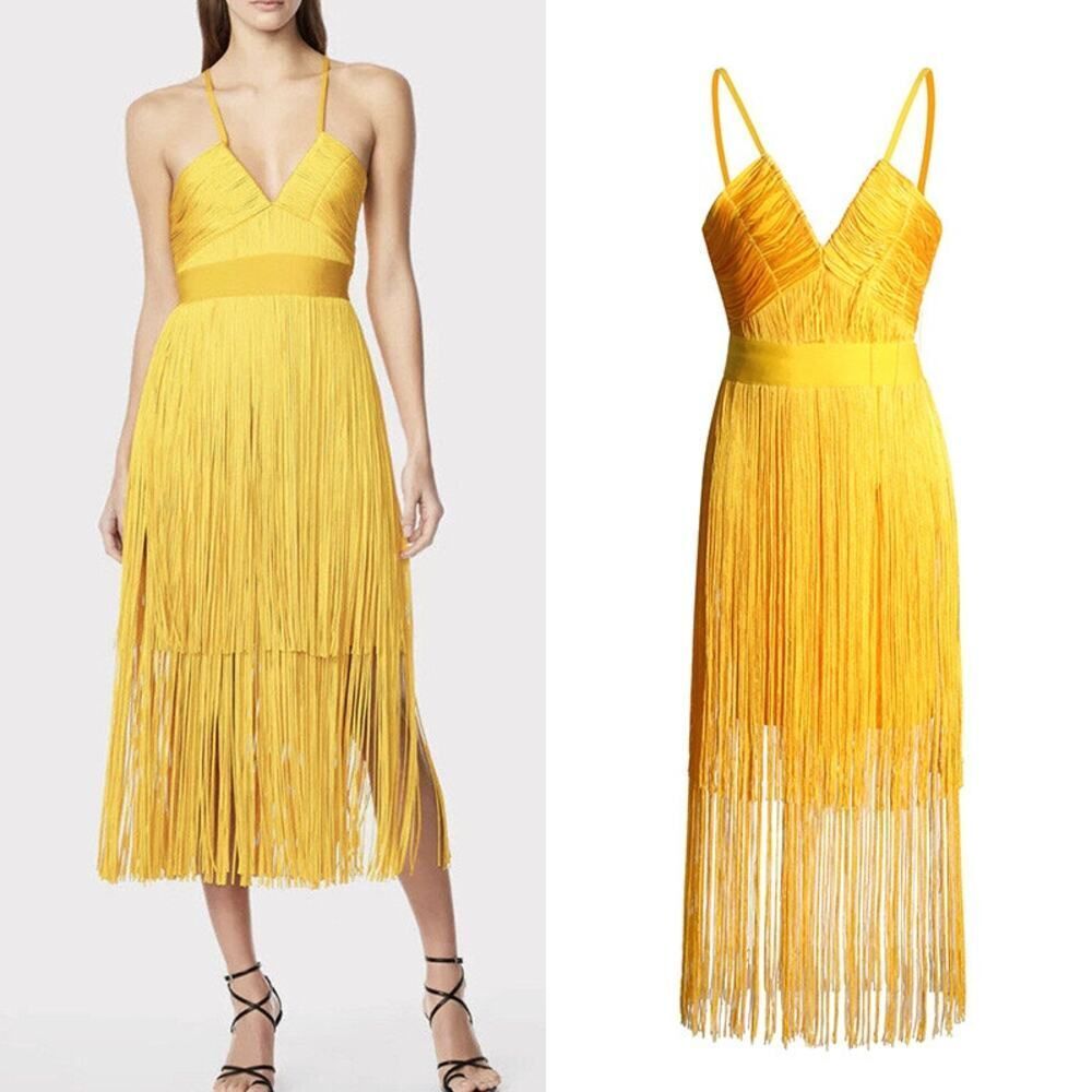 HERVE LEGER
Fringed Bandage Mini Dress In
Marigold💜